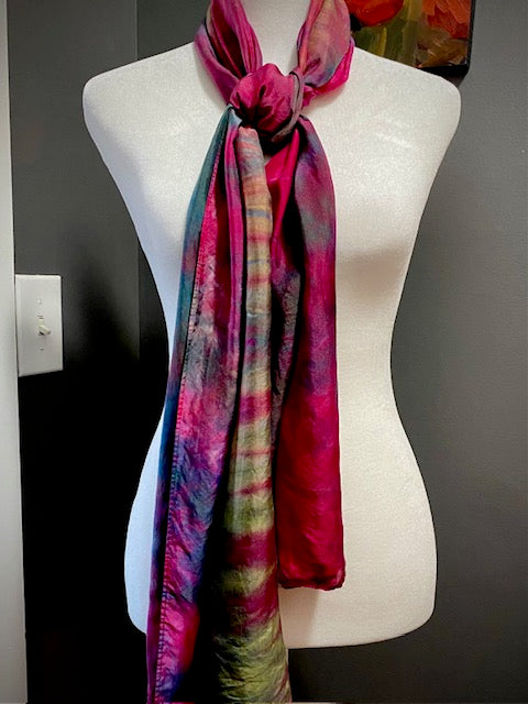 Hand Painted and Hand Dyed Silk Scarf • Red Blue Green