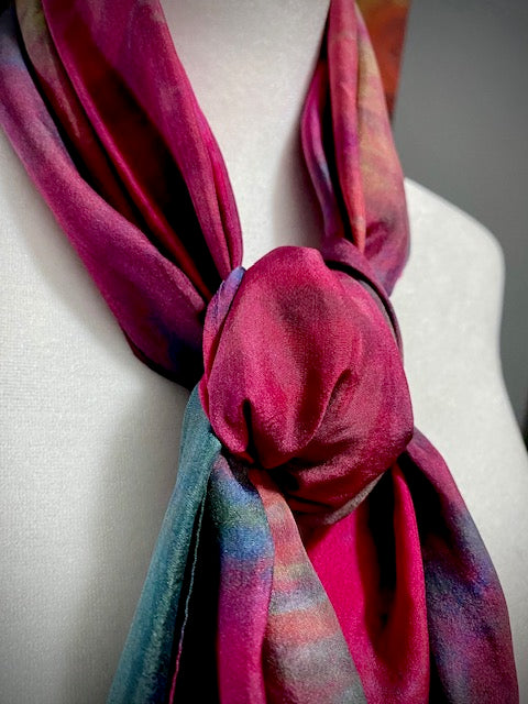 Hand Painted and Hand Dyed Silk Scarf • Red Blue Green