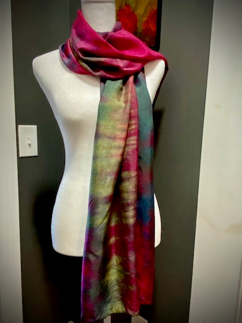 Hand Painted and Hand Dyed Silk Scarf • Red Blue Green
