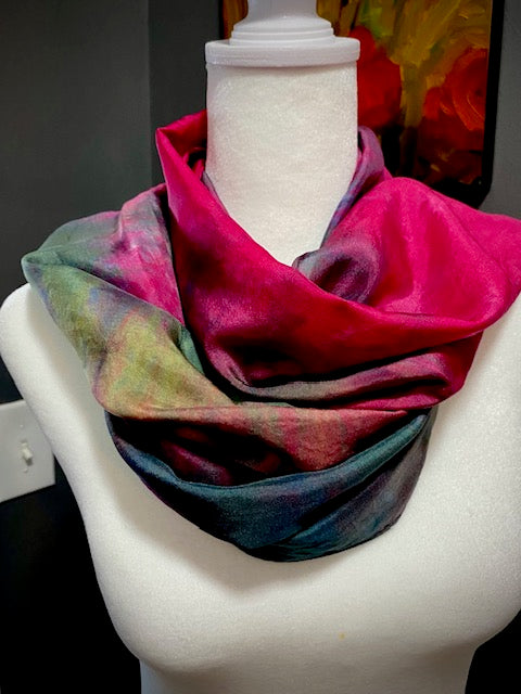 Hand Painted and Hand Dyed Silk Scarf • Red Blue Green