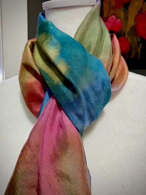Hand Painted and Hand Dyed Silk Scarf • Blue Pink Green
