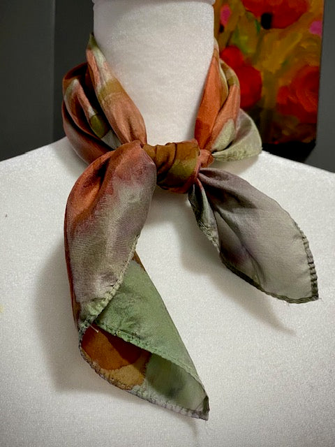 Hand Painted Hand Dyed Silk Scarf • Rust Gray Green
