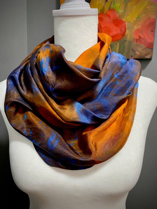 Hand Painted and Hand Dyed Silk Scarf • Bright Orange Indigo