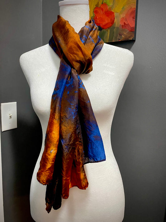 Hand Painted and Hand Dyed Silk Scarf • Bright Orange Indigo