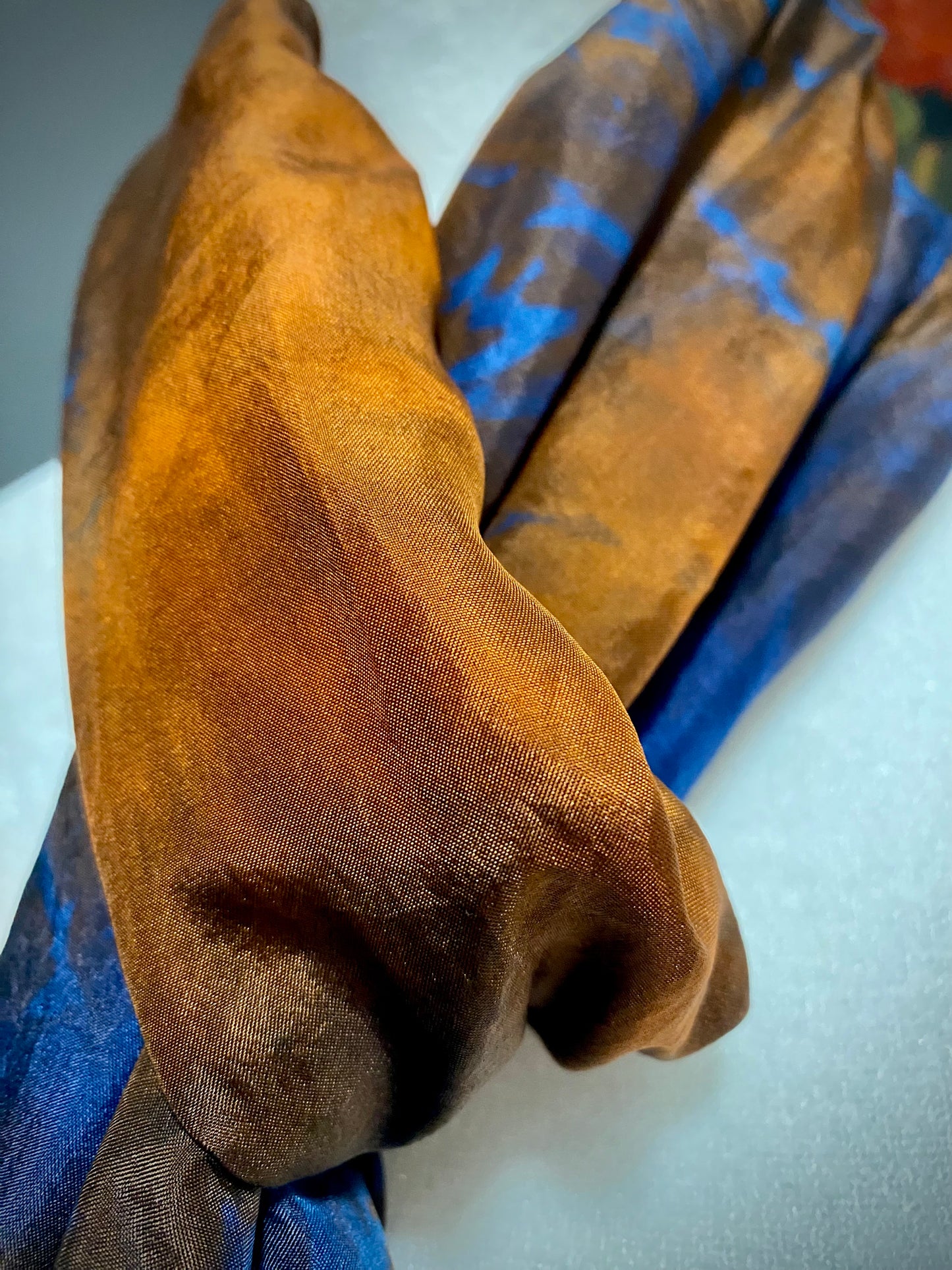 Hand Painted and Hand Dyed Silk Scarf • Bright Orange Indigo
