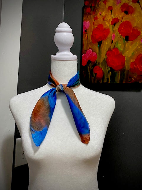 Hand Painted Hand Dyed Silk Scarf • Brown and Blue