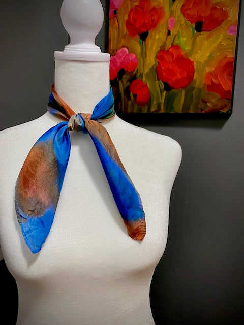 Hand Painted Hand Dyed Silk Scarf • Brown and Blue