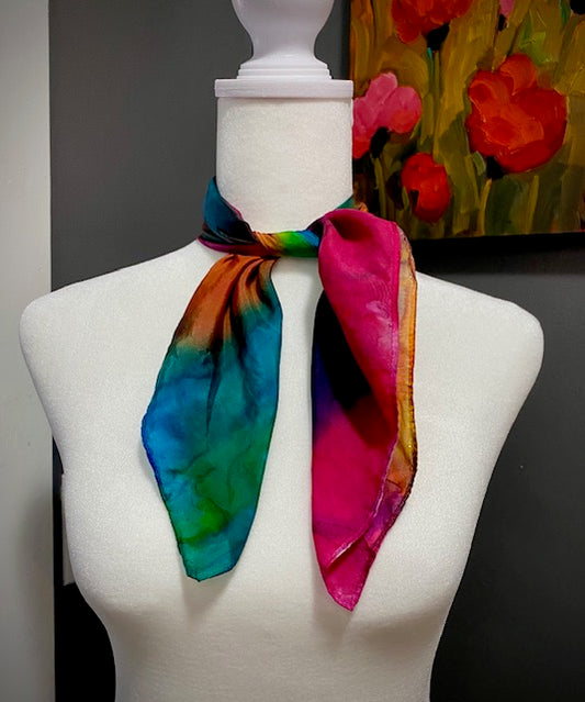 Hand Painted Hand Dyed Silk Scarf •  Fuchsia Yellow Blue Green