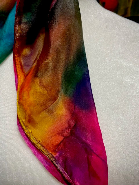 Hand Painted Hand Dyed Silk Scarf • Fuchsia Yellow Blue Green
