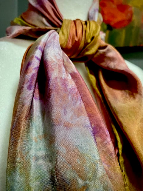 Hand Painted and Hand Dyed Silk Scarf • Plum Red Green