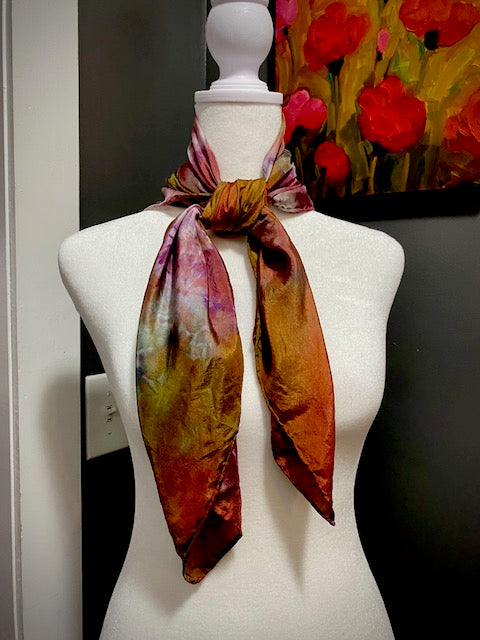 Hand Painted and Hand Dyed Silk Scarf • Plum Red Green