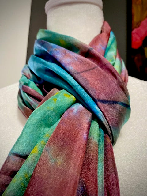 Hand Painted and Hand Dyed Silk Scarf • Green Burgundy Blue