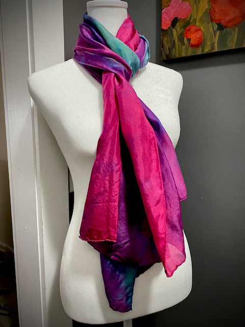 Hand Painted and Hand Dyed Silk Scarf • Blue Pink Green Purple