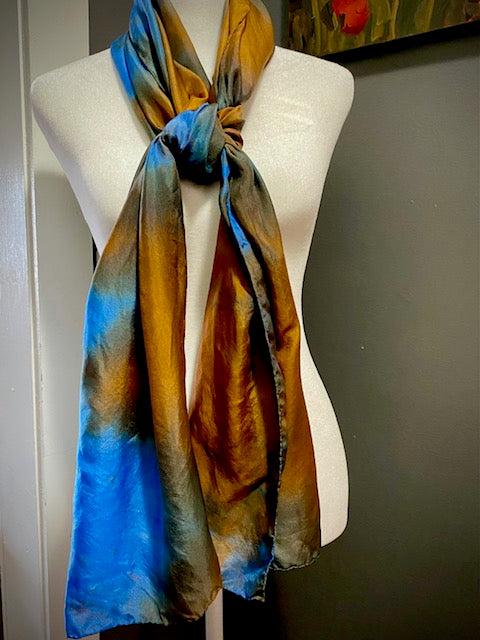 Hand Painted and Hand Dyed Silk Scarf • Blue Brown