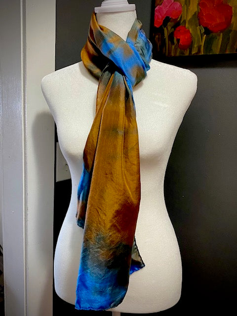 Hand Painted and Hand Dyed Silk Scarf • Blue Brown
