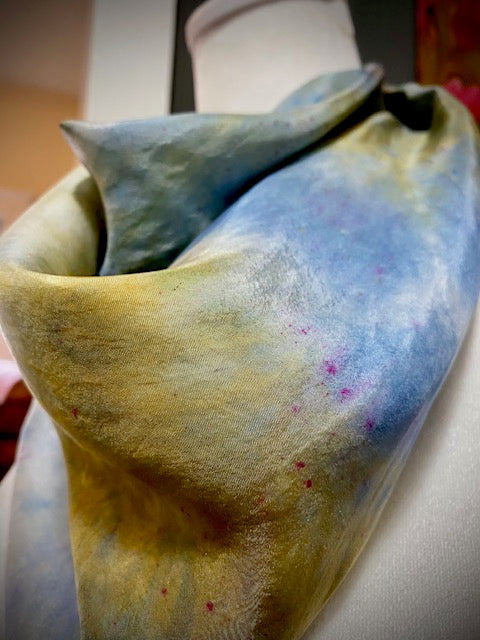 Hand Painted and Hand Dyed Silk Scarf • Blue Green