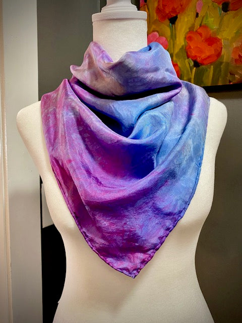 Hand Painted and Hand Dyed Silk Scarf • Pink and Blue