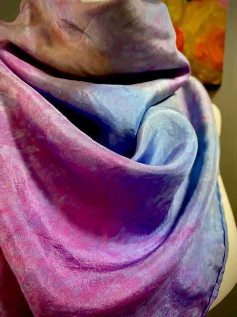 Hand Painted and Hand Dyed Silk Scarf • Pink and Blue
