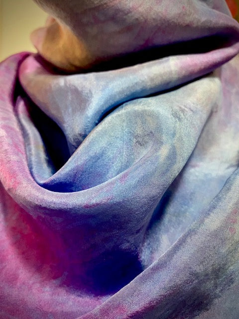 Hand Painted and Hand Dyed Silk Scarf • Pink and Blue