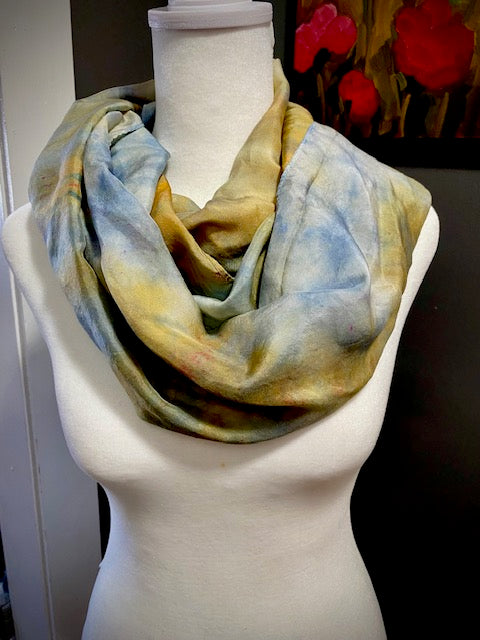 Hand Painted Hand Dyed Silk Scarf •  Blue and Gold
