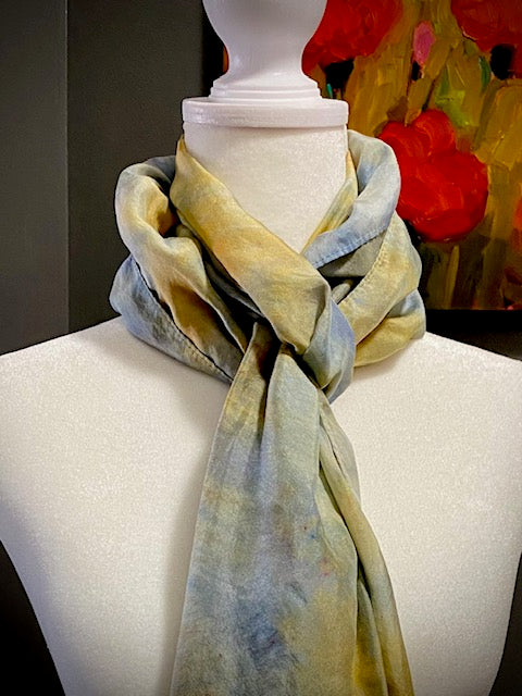 Hand Painted Hand Dyed Silk Scarf • Blue and Gold