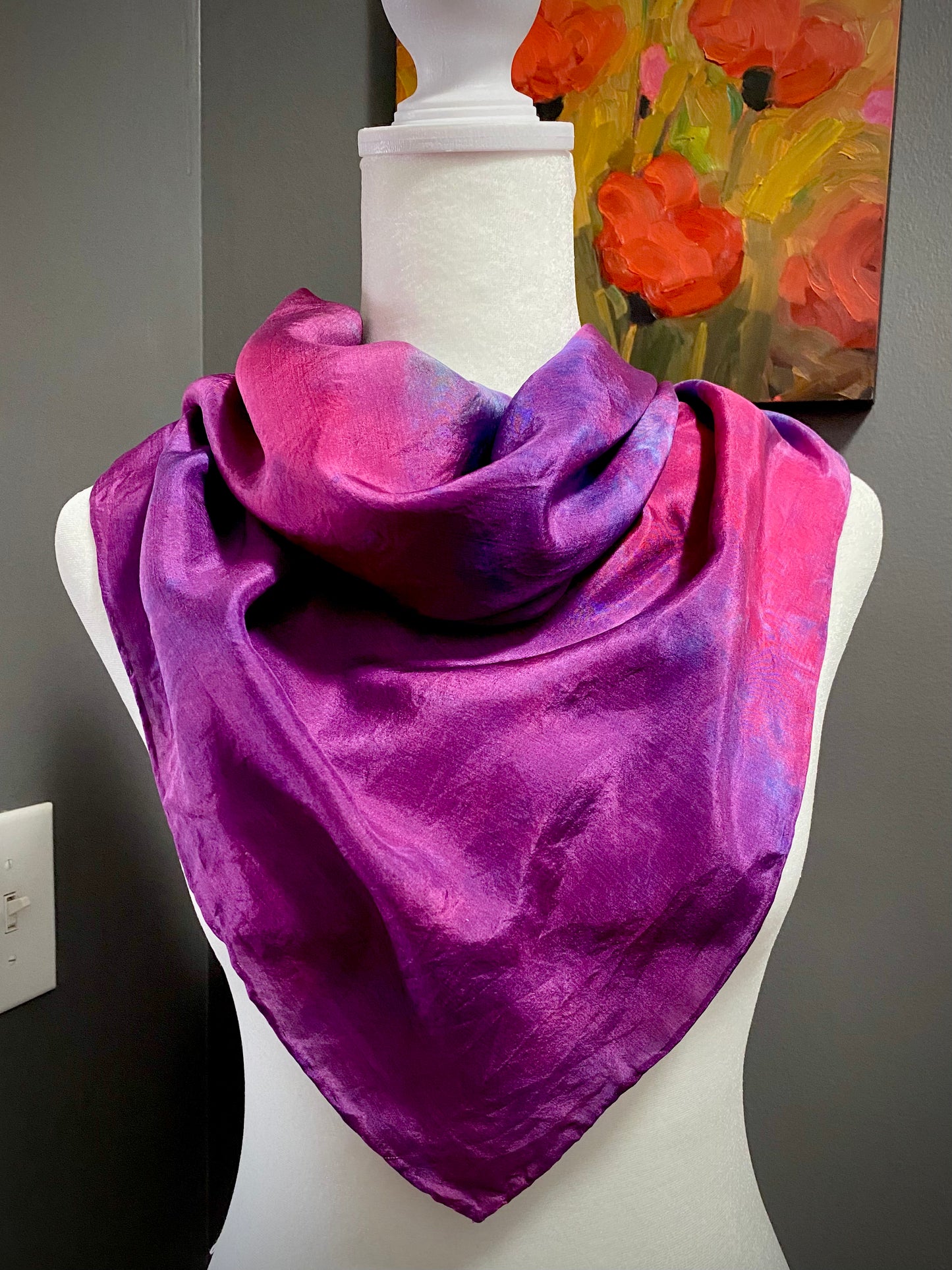 Hand Painted and Hand Dyed Silk Scarf • Pink Blue Purple