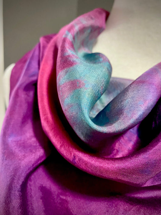 Hand Painted and Hand Dyed Silk Scarf • Pink Blue Purple