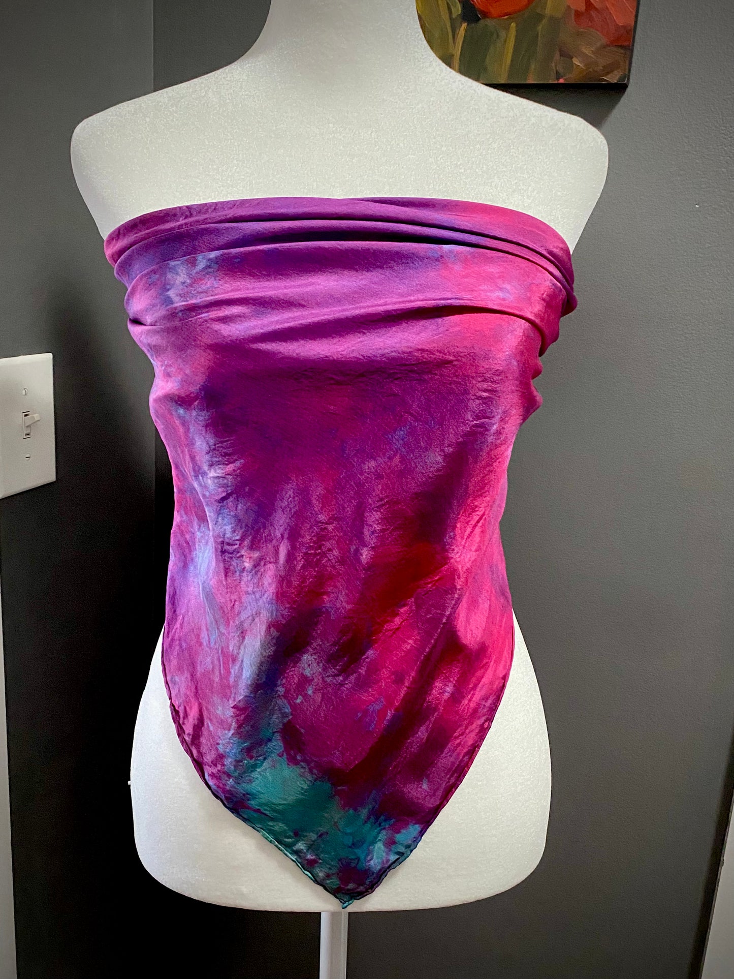 Hand Painted and Hand Dyed Silk Scarf • Pink Blue Purple