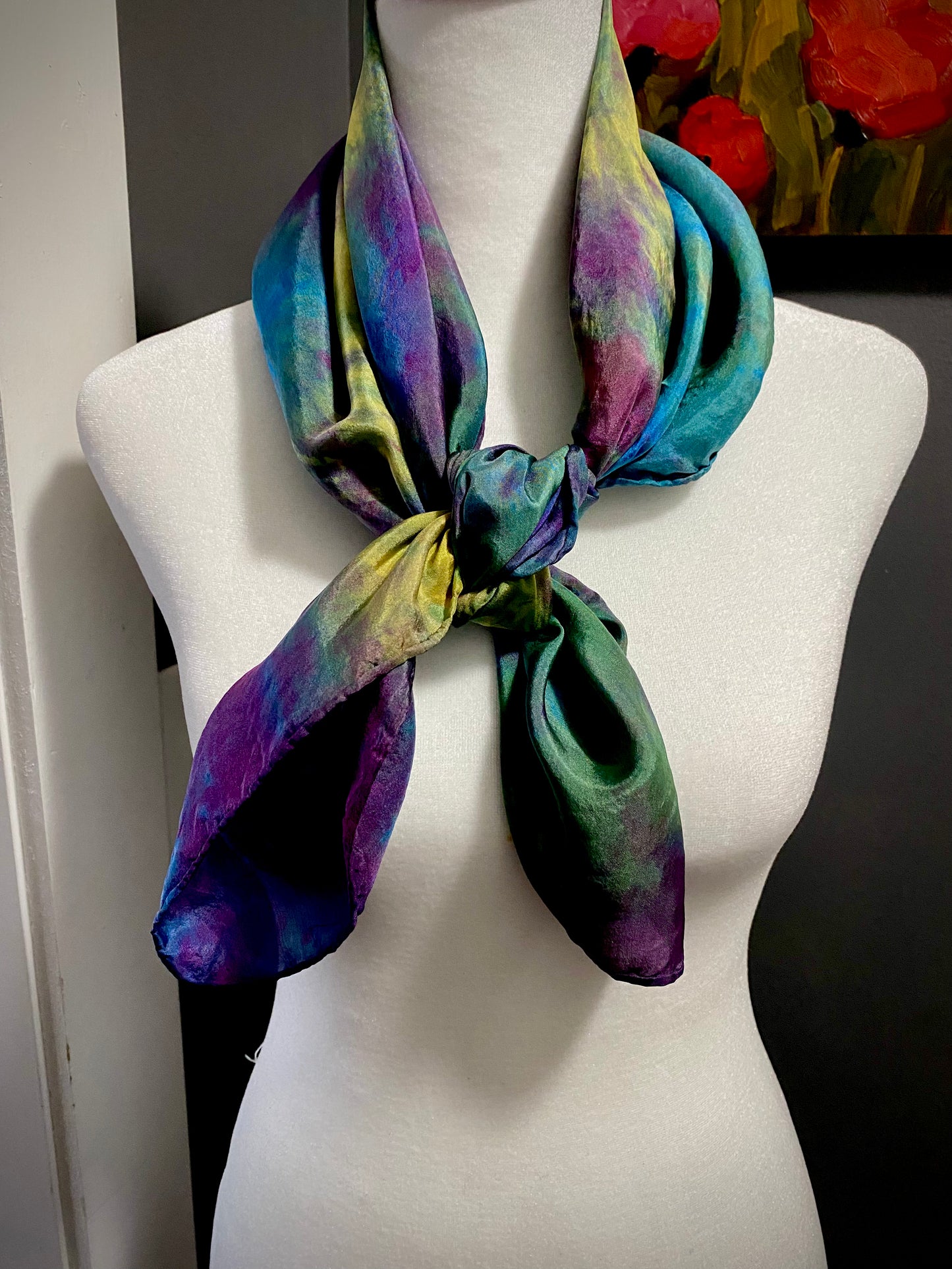 Hand Painted and Hand Dyed Silk Scarf • Purple Blue Yellow Green