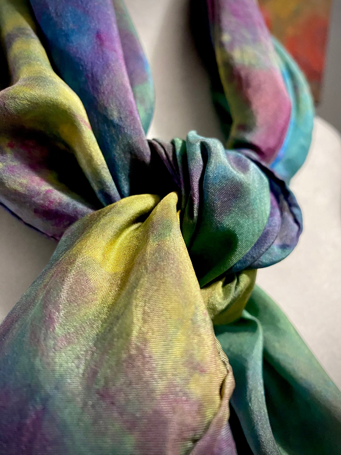 Hand Painted and Hand Dyed Silk Scarf • Purple Blue Yellow Green
