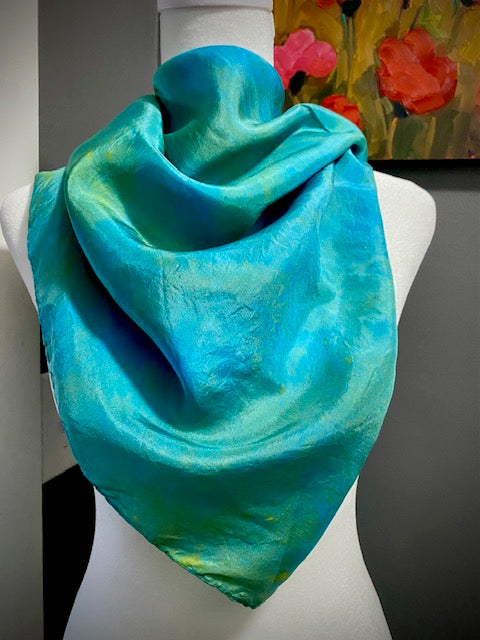 Hand Painted and Hand Dyed Silk Scarf • Blue Green