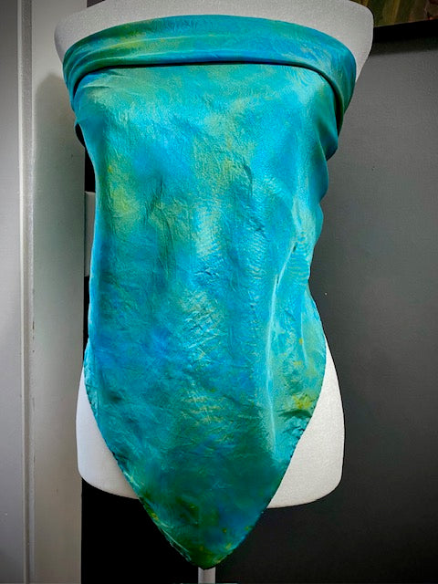 Hand Painted and Hand Dyed Silk Scarf • Blue Green