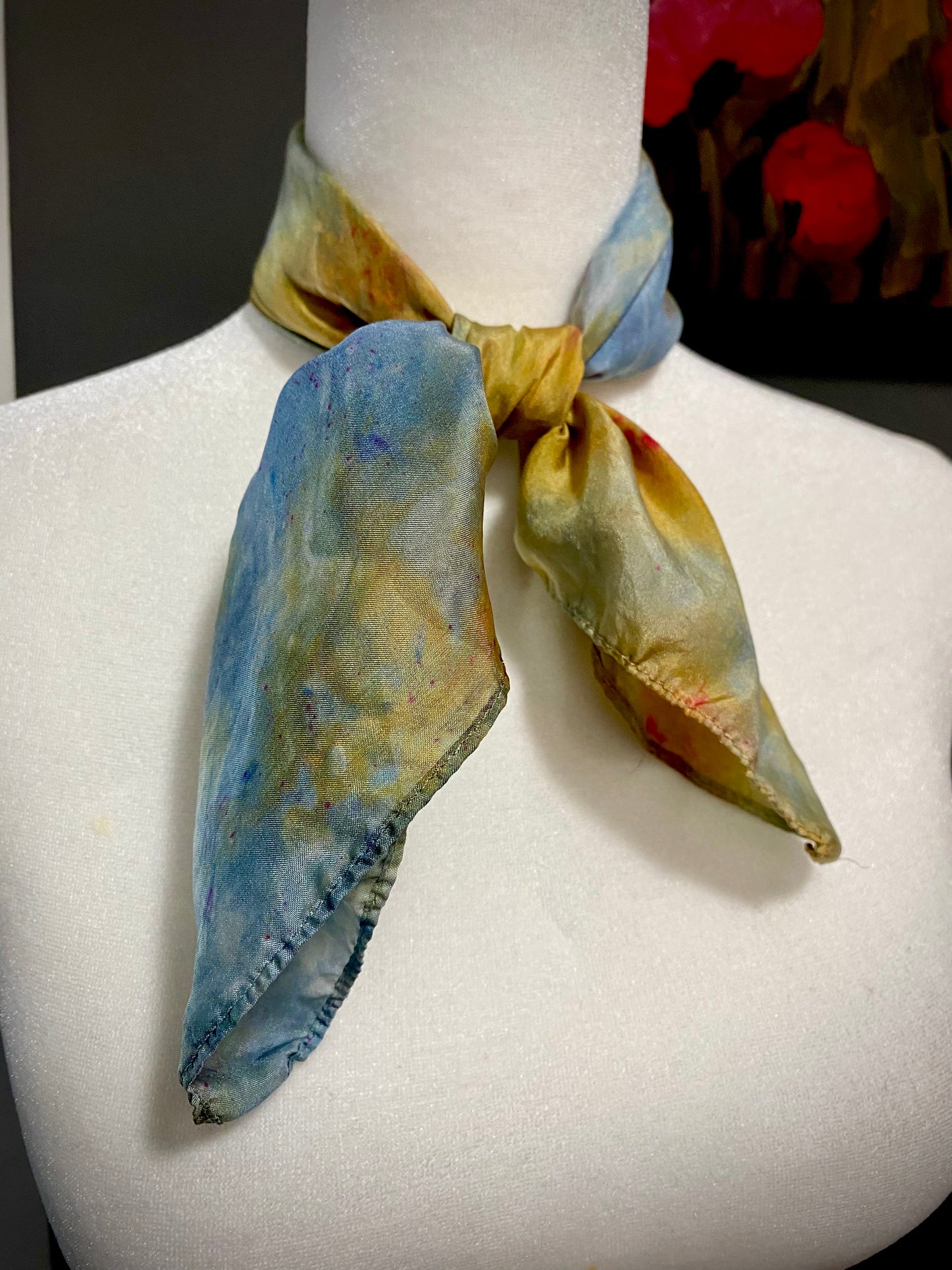 Hand Painted and Hand Dyed Silk Scarf • Blue Gold