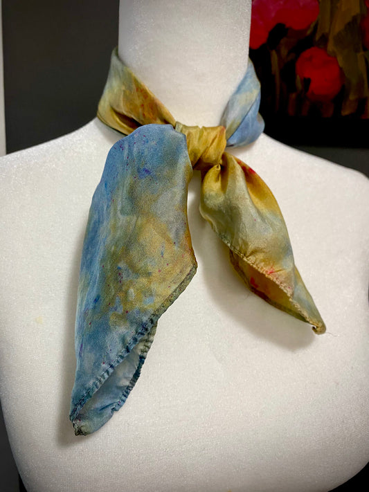 Hand Painted and Hand Dyed Silk Scarf • Blue Gold