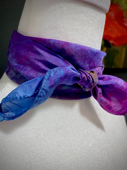 Hand Painted Hand Dyed Silk Habotai Scarf • Blue Fuchsia