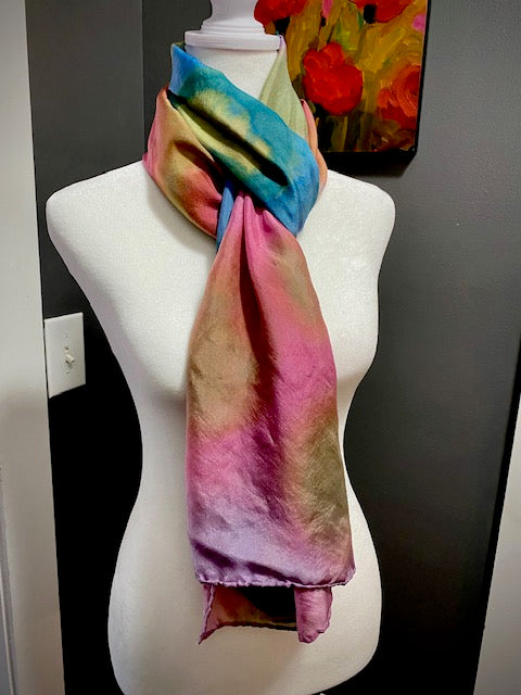 Hand Painted and Hand Dyed Silk Habotai Scarf • Blue Pink Green