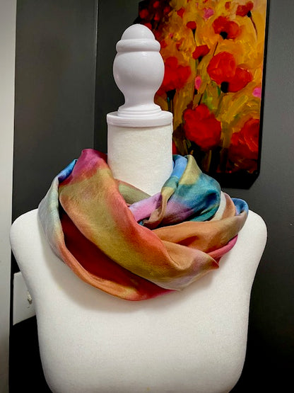 Hand Painted and Hand Dyed Silk Habotai Scarf • Blue Pink Green