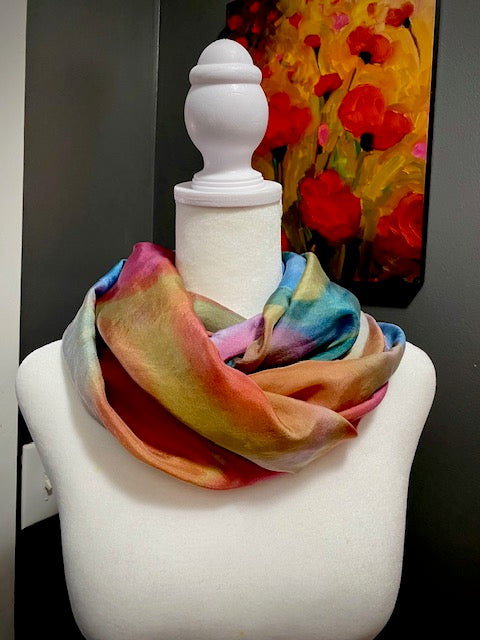 Hand Painted and Hand Dyed Silk Habotai Scarf • Blue Pink Green