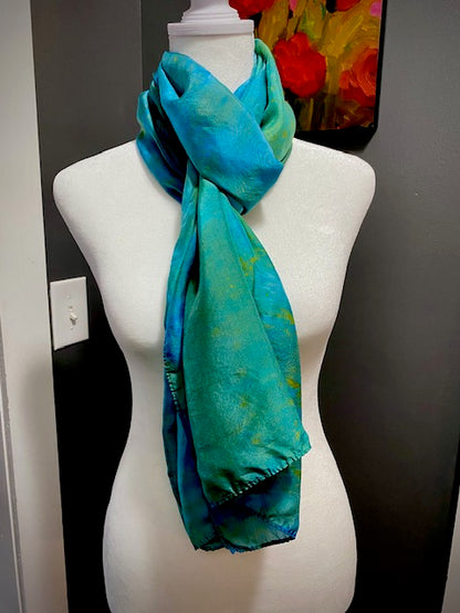Hand Painted and Hand Dyed Silk Habotai Scarf • Blue Green