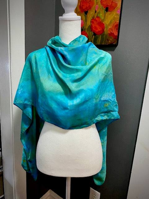 Hand Painted and Hand Dyed Silk Habotai Scarf • Blue Green