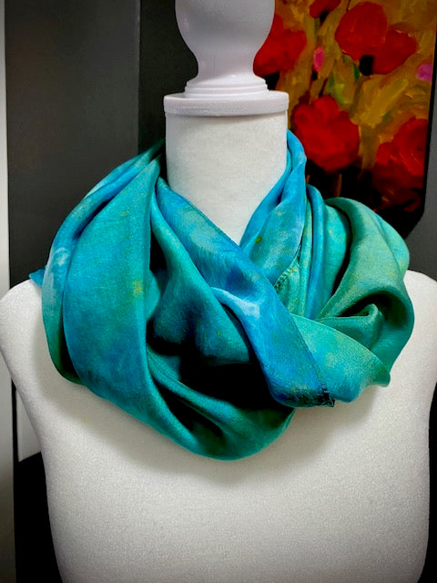 Hand Painted and Hand Dyed Silk Habotai Scarf • Blue Green