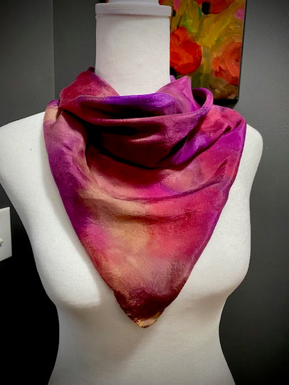 Hand Painted Hand Dyed Silk Habotai Scarf • Pink Purple Yellow