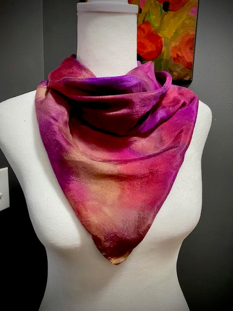 Hand Painted Hand Dyed Silk Habotai Scarf • Pink Purple Yellow