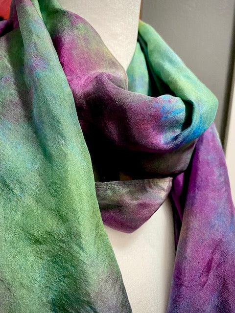 Hand Painted and Hand Dyed Silk Habotai Scarf • Purple Blue Green