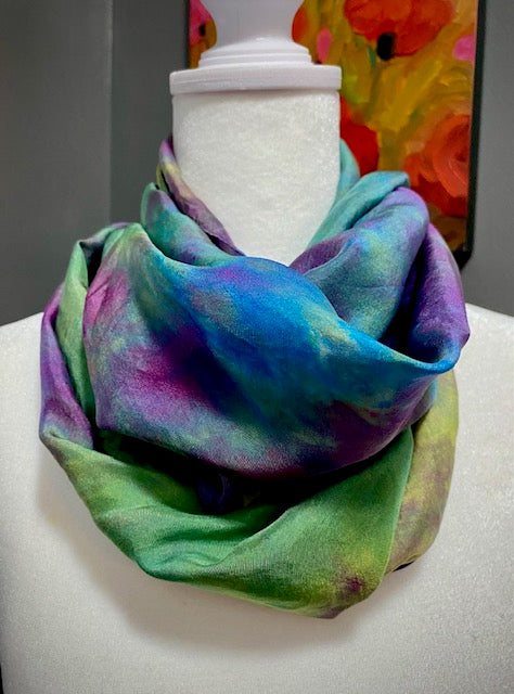 Hand Painted and Hand Dyed Silk Habotai Scarf • Purple Blue Green