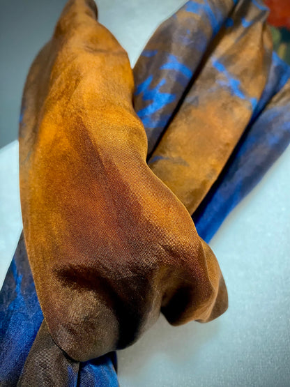 Hand Painted and Hand Dyed Silk Scarf • Bright Orange Indigo