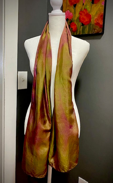 Hand Painted Hand Dyed Silk Habotai Scarf • Ochre and Burgundy