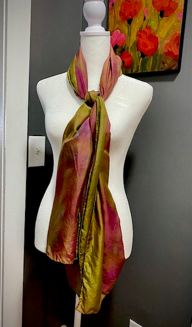 Hand Painted Hand Dyed Silk Habotai Scarf • Ochre and Burgundy