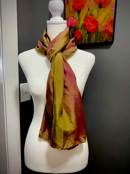 Hand Painted Hand Dyed Silk Habotai Scarf • Ochre and Burgundy