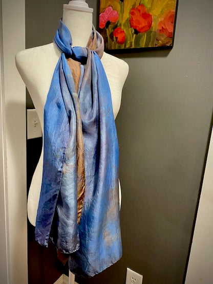 Hand Painted Hand Dyed Silk Habotai Scarf • Blues and Browns